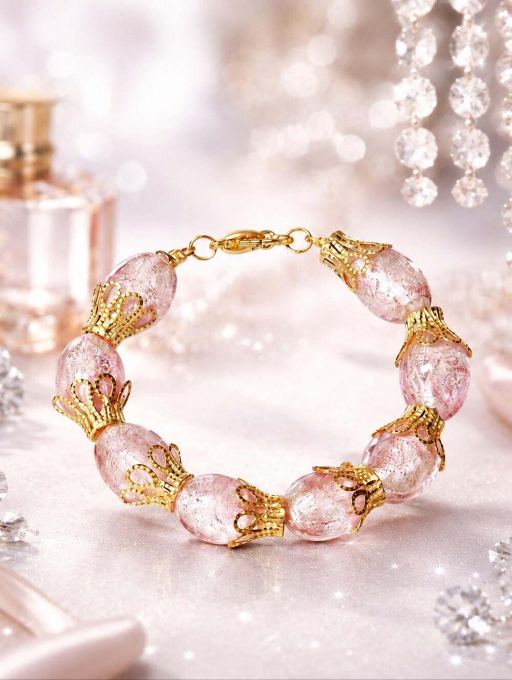 Artisan Made Pink Glass Bead Bracelet with Gold Accents